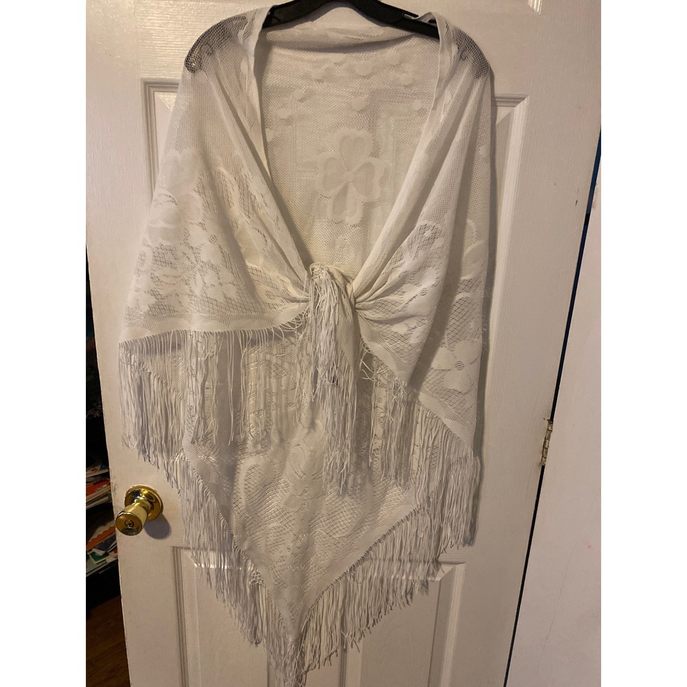 White Floral Lace Shawl Wrap with Fringe Trim Bridal Wedding Evening Scarf